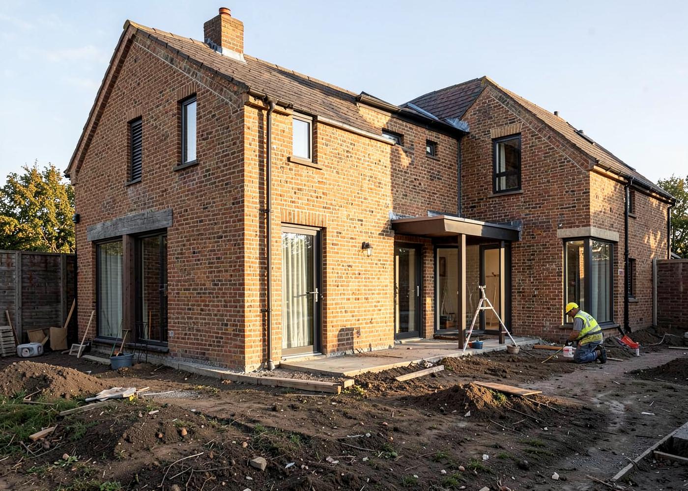 Brick home extension under construction by a British building contractor