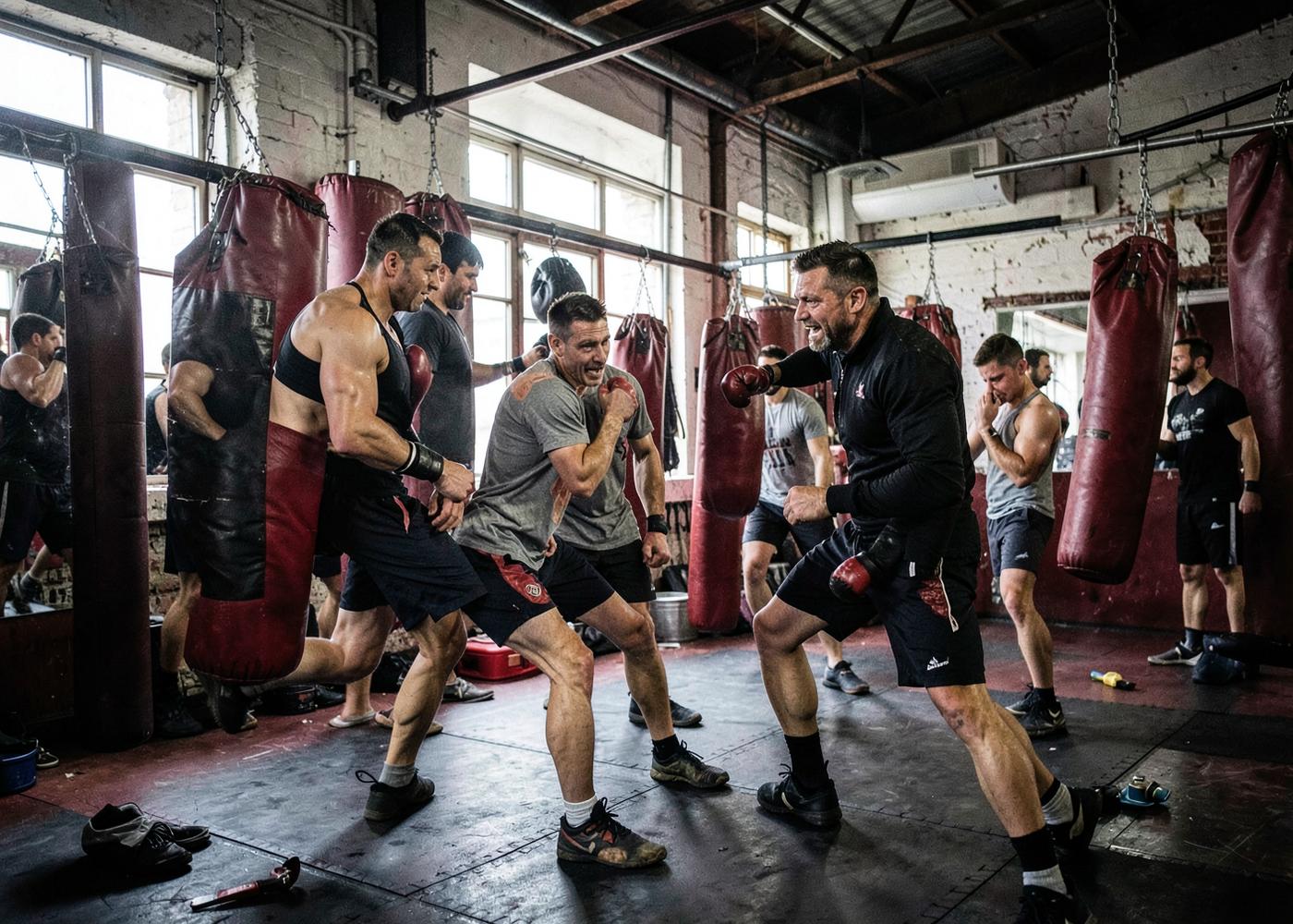 Boxing class training together in an independent fight gym